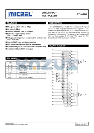 SY100S363JZ datasheet - DUAL 8-INPUT MULTIPLEXER