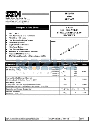 SPD5618 datasheet - 1 AMP 200  1000 VOLTS STANDARD RECOVERY RECTIFIER