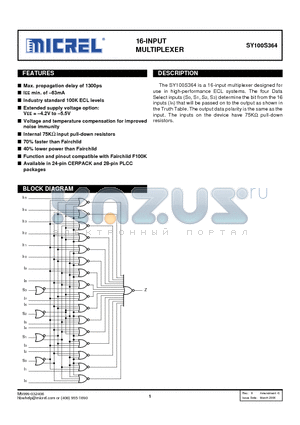 SY100S364FCTR datasheet - 16-INPUT MULTIPLEXER