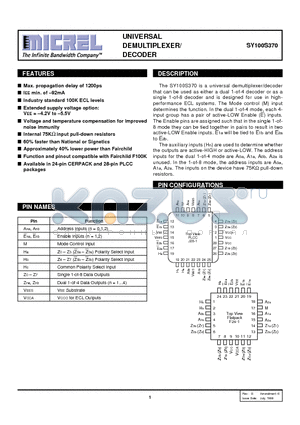 SY100S370 datasheet - UNIVERSAL DEMULTIPLEXER/ DECODER