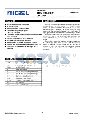 SY100S370JCTR datasheet - UNIVERSAL DEMULTIPLEXER/DECODER