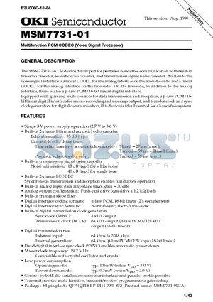 MSM7731-01 datasheet - Multifunction PCM CODEC (Voice Signal Processor)