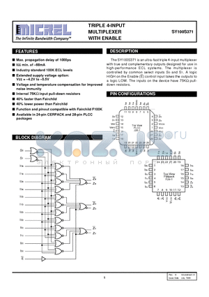 SY100S371 datasheet - TRIPLE 4-INPUT MULTIPLEXER WITH ENABLE
