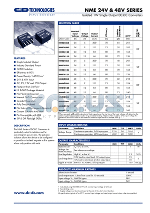 NME2409D datasheet - Isolated 1W Single Output DC-DC Converters