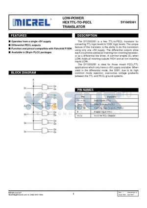 SY100S391 datasheet - LOW-POWER HEX TTL-TO-PECL TRANSLATOR
