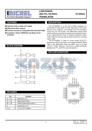 SY100S391JC datasheet - LOW-POWER HEX TTL-TO-PECL TRANSLATOR