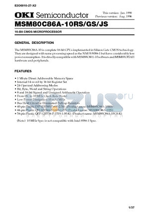 MSM80C86A-10JS datasheet - 16-Bit CMOS MICROPROCESSOR