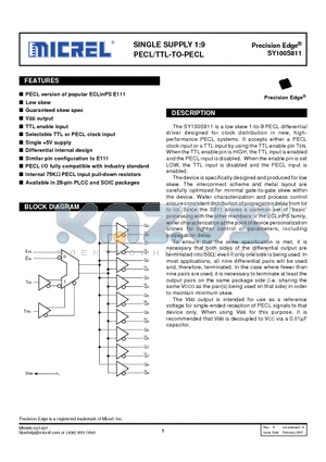 SY100S811JC datasheet - SINGLE SUPPLY 1:9 PECL/TTL-TO-PECL