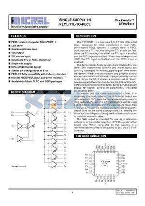 SY100S811JCTR datasheet - SINGLE SUPPLY 1:9 PECL/TTL-TO-PECL