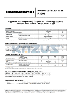 R3991 datasheet - PHOTOMULTIPLIER TUBE