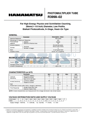 R3998-02 datasheet - PHOTOMULTlPLlER TUBE