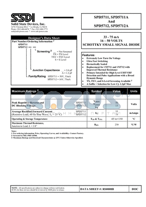 SPD5711A datasheet - 33 - 75 mA 16 - 50 VOLTS SCHOTTKY SMALL SIGNAL DIODE