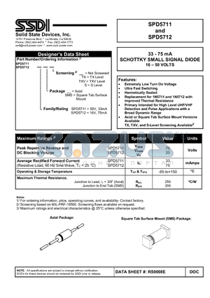 SPD5711 datasheet - SCHOTTKY SMALL SIGNAL DIODE