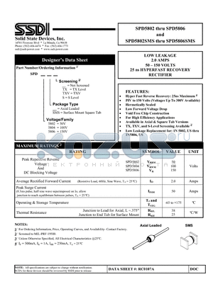 SPD5802SMS datasheet - LOW LEAKAGE 2.0 AMPS 50 - 150 VOLTS 25 ns HYPERFAST RECOVERY RECTIFIER
