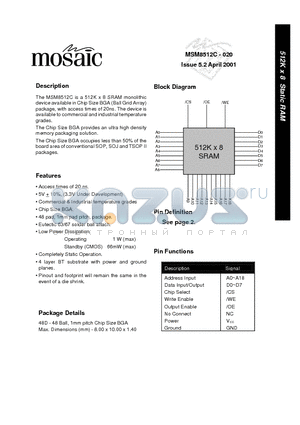 MSM8512C-020 datasheet - 512K x 8 Static RAM Issue 5.2 April 2001