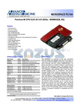 MSM855 datasheet - Pentium-M CPU 0.6/1.0/1.4/1.8GHz - MSM855(B, B2)