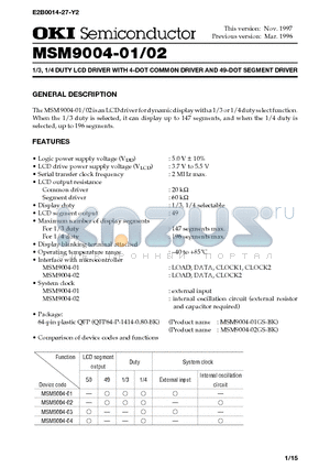 MSM9004-01 datasheet - 1/3, 1/4 DUTY LCD DRIVER WITH 4-DOT COMMON DRIVER AND 49-DOT SEGMENT DRIVER