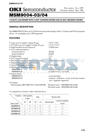 MSM9004 datasheet - 1/4 DUTY LCD DRIVER WITH 4-DOT COMMON DRIVER AND 50-DOT SEGMENT DRIVER