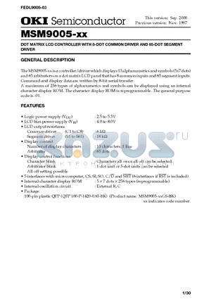 MSM9005-XX datasheet - DOT MATRIX LCD CONTROLLER WITH 8-DOT COMMON DRIVER AND 65-DOT SEGMENT DRIVER