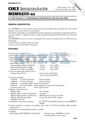 MSM9200-XXGS-K datasheet - 5 X 7 Dot Character X 16-Digit Display Controller/Driver with Character RAM