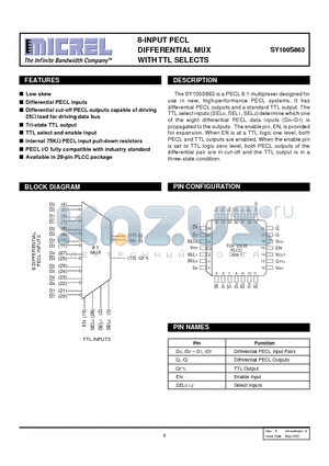 SY100S863JC datasheet - 8-INPUT PECL DIFFERENTIAL MUX WITH TTL SELECTS