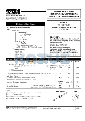 SPD5811ASMSTXV datasheet - 6.0 AMPS 50 - 150 VOLTS 40 ns HYPERFAST RECOVERY RECTIFIER