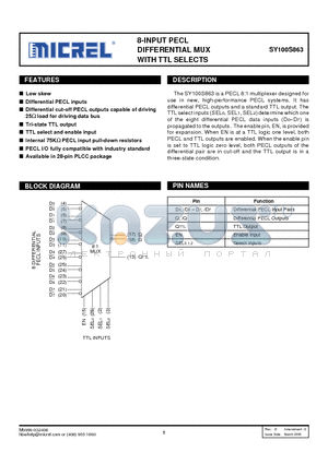 SY100S863JZ datasheet - 8-INPUT PECL DIFFERENTIAL MUX WITH TTL SELECTS