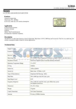 R43305 datasheet - 433.920 MHz ASK RADIO DATA RECEIVER