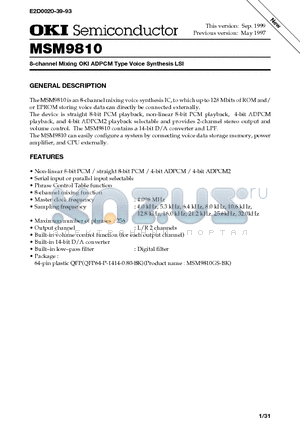MSM9810 datasheet - 8-channel Mixing OKI ADPCM Type Voice Synthesis LSI