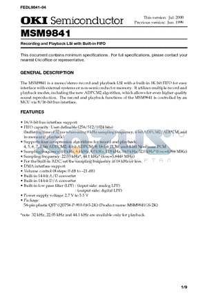 MSM9841 datasheet - Recording and Playback LSI with Built-in FIFO