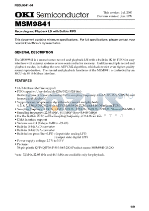 MSM9841GS-2K datasheet - Recording and Playback LSI with Built-in FIFO