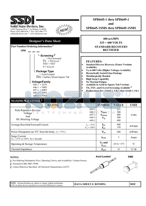 SPD645-1TXV datasheet - 400 mAMPS 225  600 VOLTS STANDARD RECOVERY RECTIFIER