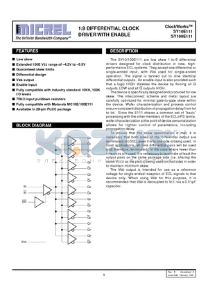 SY10E111 datasheet - 1:9 DIFFERENTIAL CLOCK DRIVER WITH ENABLE