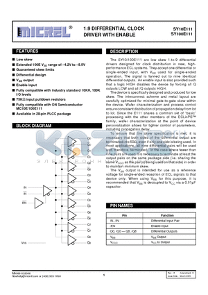 SY10E111 datasheet - 1:9 DIFFERENTIAL CLOCK DRIVER WITH ENABLE