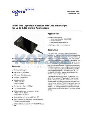 R480CPBB datasheet - R480-Type Lightwave Receiver with CML Data Output for up to 2.488 Gbits/s Applications