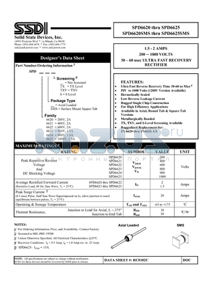 SPD6621 datasheet - 1.5 - 2 AMPS 200  1000 VOLTS 30 ^ 60 nsec ULTRA FAST RECOVERY RECTIFIER