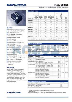 NML0509S datasheet - Isolated 2W Single Output DC-DC Converters