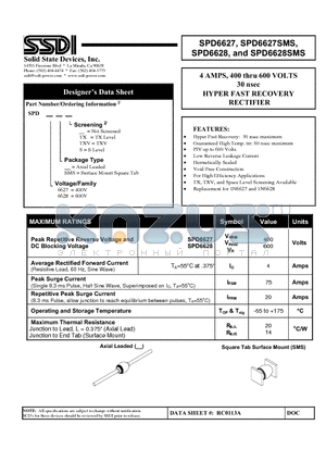 SPD6627 datasheet - 4 AMPS, 400 thru 600 VOLTS 30 nsec HYPER FAST RECOVERY RECTIFIER