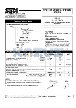 SPD6638SMSTXV datasheet - 300 mA 50 - 125 VOLTS 4.5 - 6.0 nsec HYPER FAST RECOVERY RECTIFIER