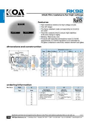 RK92SLD107J datasheet - thick film resistors for high voltage
