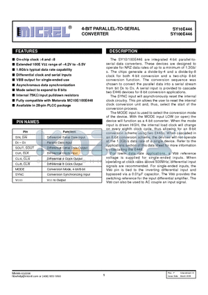 SY10E446 datasheet - 4-BIT PARALLEL-TO-SERIAL CONVERTER