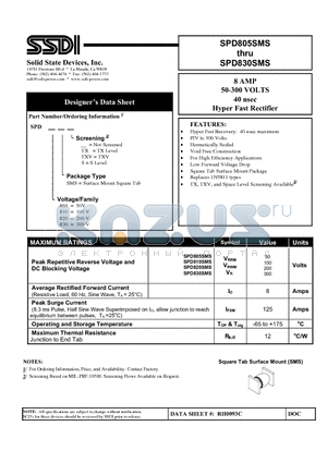 SPD805SMSTX datasheet - 8AMP 50-300 VOLTS 40 nsec Hyper Fast Rectifier