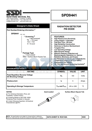 SPD9441 datasheet - RADIATION DETECTOR PIN DIODE