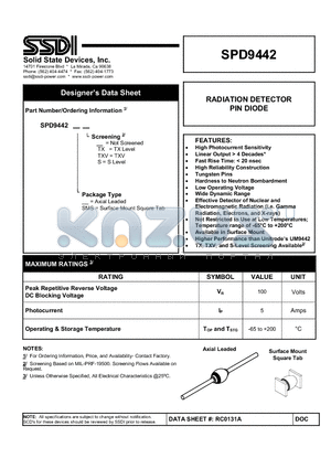 SPD9442_1 datasheet - RADIATION DETECTOR PIN DIODE