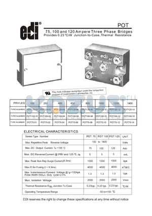 POT100-04 datasheet - 75, 100 and 120 Ampere Three Phase Br idges o Provides 0.23 C/W Junction-to-Case, Thermal Resistance