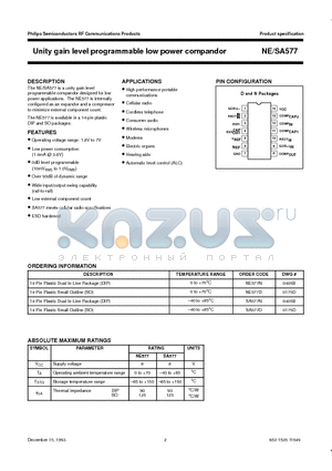 SA577 datasheet - Unity gain level programmable low power compandor