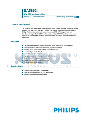 SA58631TK datasheet - 3 W BTL audio amplifier