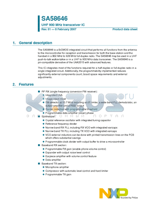 SA58646 datasheet - UHF 900 MHz transceiver IC