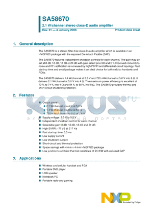 SA58670 datasheet - 2.1 W/channel stereo class-D audio amplifier