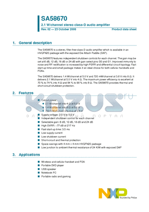 SA58670BS datasheet - 2.1 W/channel stereo class-D audio amplifier